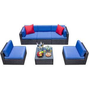 imageDevoko Patio Furniture Sets 6 Pieces Outdoor Sectional Rattan Sofa Manual Weaving Wicker Patio Conversation Set with Glass Table and Cushion BeigeAegean Blue