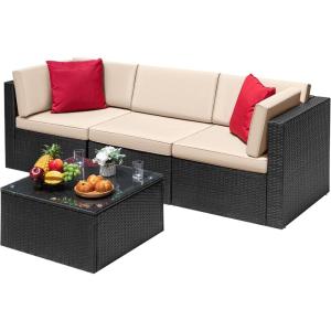 imageDevoko Patio Furniture Sets 6 Pieces Outdoor Sectional Rattan Sofa Manual Weaving Wicker Patio Conversation Set with Glass Table and Cushion BeigeBeige
