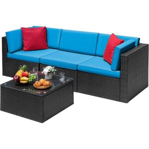 imageDevoko Patio Furniture Sets 6 Pieces Outdoor Sectional Rattan Sofa Manual Weaving Wicker Patio Conversation Set with Glass Table and Cushion BeigeBlue