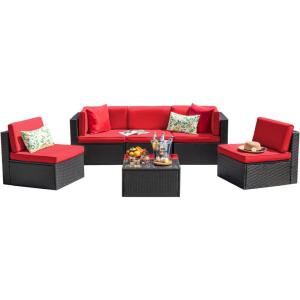 imageDevoko Patio Furniture Sets 6 Pieces Outdoor Sectional Rattan Sofa Manual Weaving Wicker Patio Conversation Set with Glass Table and Cushion BeigeRed