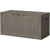 imageDevoko 80 Gallon Deck Box Waterproof Resin Outdoor Storage Box for Outside and Patio Outdoor Storage Bench Lockable for Patio Furniture Garden Tools and Pool Supplies Brown 80 GallonBrown
