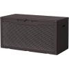 imageDevoko 80 Gallon Deck Box Waterproof Resin Outdoor Storage Box for Outside and Patio Outdoor Storage Bench Lockable for Patio Furniture Garden Tools and Pool Supplies Brown 80 GallonDeep Brown