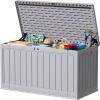 imageDevoko 80 Gallon Deck Box Waterproof Resin Outdoor Storage Box for Outside and Patio Outdoor Storage Bench Lockable for Patio Furniture Garden Tools and Pool Supplies Brown 80 GallonGrey