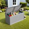 imageDevoko 80 Gallon Deck Box Waterproof Resin Outdoor Storage Box for Outside and Patio Outdoor Storage Bench Lockable for Patio Furniture Garden Tools and Pool Supplies Brown 80 GallonGrey