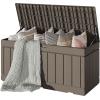 imageDevoko 80 Gallon Deck Box Waterproof Resin Outdoor Storage Box for Outside and Patio Outdoor Storage Bench Lockable for Patio Furniture Garden Tools and Pool Supplies Brown 80 GallonLight Brown