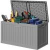 imageDevoko 80 Gallon Deck Box Waterproof Resin Outdoor Storage Box for Outside and Patio Outdoor Storage Bench Lockable for Patio Furniture Garden Tools and Pool Supplies Brown 80 GallonGrey