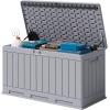 imageDevoko 80 Gallon Deck Box Waterproof Resin Outdoor Storage Box for Outside and Patio Outdoor Storage Bench Lockable for Patio Furniture Garden Tools and Pool Supplies Brown 80 GallonGray