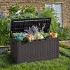 imageDevoko 80 Gallon Deck Box Waterproof Resin Outdoor Storage Box for Outside and Patio Outdoor Storage Bench Lockable for Patio Furniture Garden Tools and Pool Supplies Brown 80 GallonDeep Brown