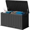 imageDevoko 80 Gallon Deck Box Waterproof Resin Outdoor Storage Box for Outside and Patio Outdoor Storage Bench Lockable for Patio Furniture Garden Tools and Pool Supplies Brown 80 GallonBlack