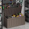 imageDevoko 80 Gallon Deck Box Waterproof Resin Outdoor Storage Box for Outside and Patio Outdoor Storage Bench Lockable for Patio Furniture Garden Tools and Pool Supplies Brown 80 GallonLight Brown