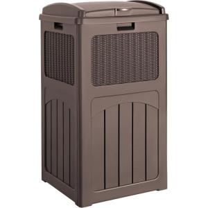 imageDevoko 33 Gallon Outdoor Trash Can with Dual Lid Heavy Duty Waterproof Resin Garbage Bins Outside Hideaway Waste Bins for Patio Outside Pool Backyard and Deck 1 BlackDeep Brown