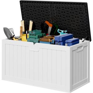 imageDevoko 80 Gallon Deck Box Waterproof Resin Outdoor Storage Box for Outside and Patio Outdoor Storage Bench Lockable for Patio Furniture Garden Tools and Pool Supplies Brown 80 GallonWhite with Black Top