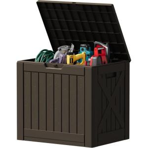 imageDevoko 80 Gallon Deck Box Waterproof Resin Outdoor Storage Box for Outside and Patio Outdoor Storage Bench Lockable for Patio Furniture Garden Tools and Pool Supplies Brown 80 GallonDeep Brown