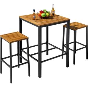 imageDevoko Acacia Wood Outdoor Patio Bar Set for 2 Square Counter Height Table with 2 Stools Dining Bar Set for Garden Deck Pool Side Dining Room Kitchen Living Room