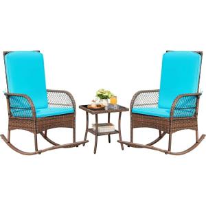 imageDevoko Outdoor Rocking Chairs 3 Piece Patio Furniture Set with Side Table ampamp Cushions Wicker Porch Rocker Bistro Set High Back for Balcony Backyard Garden BeigeBlue