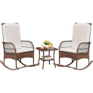 imageDevoko Outdoor Rocking Chairs 3 Piece Patio Furniture Set with Side Table ampamp Cushions Wicker Porch Rocker Bistro Set High Back for Balcony Backyard Garden BeigeBeige