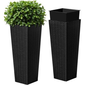 imageDevoko Resin Tall Planters for Outdoor Plants Set of 2 Large Taper Outdoor Planter Pots with 4 Drainage Holes Flower Pots Modern Decor for Porch Patio Backyard Home Garden Black 24quotBlack