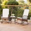 imageDevoko Outdoor Rocking Chairs 3 Piece Patio Furniture Set with Side Table ampamp Cushions Wicker Porch Rocker Bistro Set High Back for Balcony Backyard Garden BeigeBeige