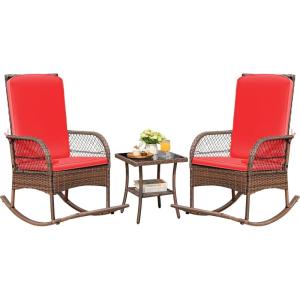 imageDevoko Outdoor Rocking Chairs 3 Piece Patio Furniture Set with Side Table ampamp Cushions Wicker Porch Rocker Bistro Set High Back for Balcony Backyard Garden BeigeRed