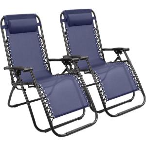 imageDevoko Set of 2 Zero Gravity Lounge Chairs Outdoor Folding Adjustable Steel Mesh Recliner Chairs with Cup Holder ampamp Removable Pillow for Patio Garden Lawn Beach BeigeDark Blue