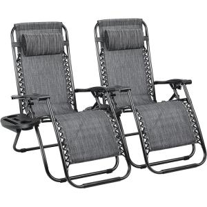 imageDevoko Set of 2 Zero Gravity Lounge Chairs Outdoor Folding Adjustable Steel Mesh Recliner Chairs with Cup Holder ampamp Removable Pillow for Patio Garden Lawn Beach BeigeDoublegrey