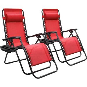 imageDevoko Set of 2 Zero Gravity Lounge Chairs Outdoor Folding Adjustable Steel Mesh Recliner Chairs with Cup Holder ampamp Removable Pillow for Patio Garden Lawn Beach BeigeRed