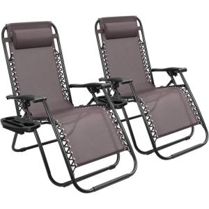 imageDevoko Set of 2 Zero Gravity Lounge Chairs Outdoor Folding Adjustable Steel Mesh Recliner Chairs with Cup Holder ampamp Removable Pillow for Patio Garden Lawn Beach BeigeBrown