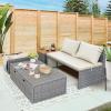 image:imageDevoko Patio Day Bed Outdoor Daybed Set Multifunctional Rattan Lounge Bed with 2 Side Tables for Backyard Porch Poolside Lawn Beach Navy BlueBeige White
