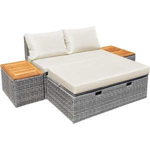 image:imageDevoko Patio Day Bed Outdoor Daybed Set Multifunctional Rattan Lounge Bed with 2 Side Tables for Backyard Porch Poolside Lawn Beach Navy BlueBeige White