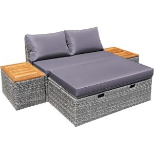 image:imageDevoko Patio Day Bed Outdoor Daybed Set Multifunctional Rattan Lounge Bed with 2 Side Tables for Backyard Porch Poolside Lawn Beach Navy BlueGrey