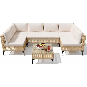 image:imageDevoko Patio Furniture Set7 Pieces Outdoor Wicker Sectional Couch with Thick Cushions ampGlass Tabletop PE Rattan Backyard Conversation Sofa with Coffee Table for Deck PorchBeige