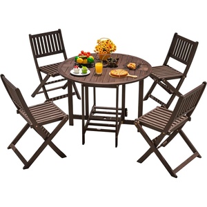 image:imageDevoko 5 PCS Patio Furniture Patio Dining Set Acacia Wood Outdoor Table and Chairs with 4 Folding Chairs and 37 Round Movable Table Outdoor Dining Set for Lawn Balcony Garden Light BrownDeep Brown