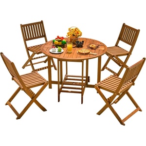 image:imageDevoko 5 PCS Patio Furniture Patio Dining Set Acacia Wood Outdoor Table and Chairs with 4 Folding Chairs and 37 Round Movable Table Outdoor Dining Set for Lawn Balcony Garden Light BrownLight Brown